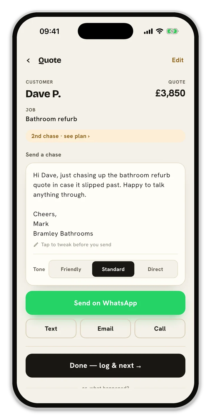 Chas'up app — quote detail with a ready-written follow-up message
